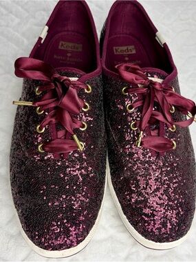 Kate Spade X Keds Glitter Sneakers Size 11  Ribbon Strings Burgundy Purple